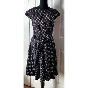 Dress Star Black Polka Dot Swing Dress Fit & Flare Rockabilly Belted  Midi Sz M